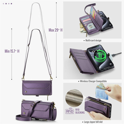 For iPhone 16 Pro Leather Case CASEME C36 Zipper Multiple Card Slots Phone Cover with Straps