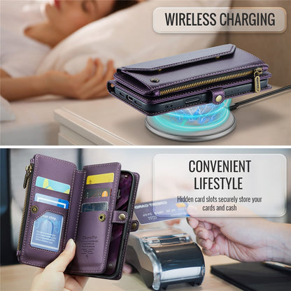 For iPhone 16 Pro Leather Case CASEME C36 Zipper Multiple Card Slots Phone Cover with Straps
