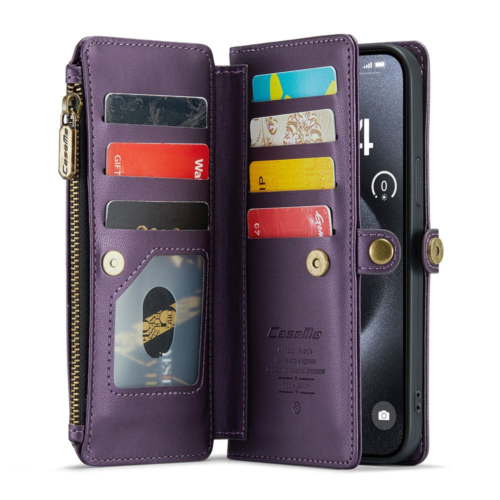 For iPhone 16 Pro Leather Case CASEME C36 Zipper Multiple Card Slots Phone Cover with Straps