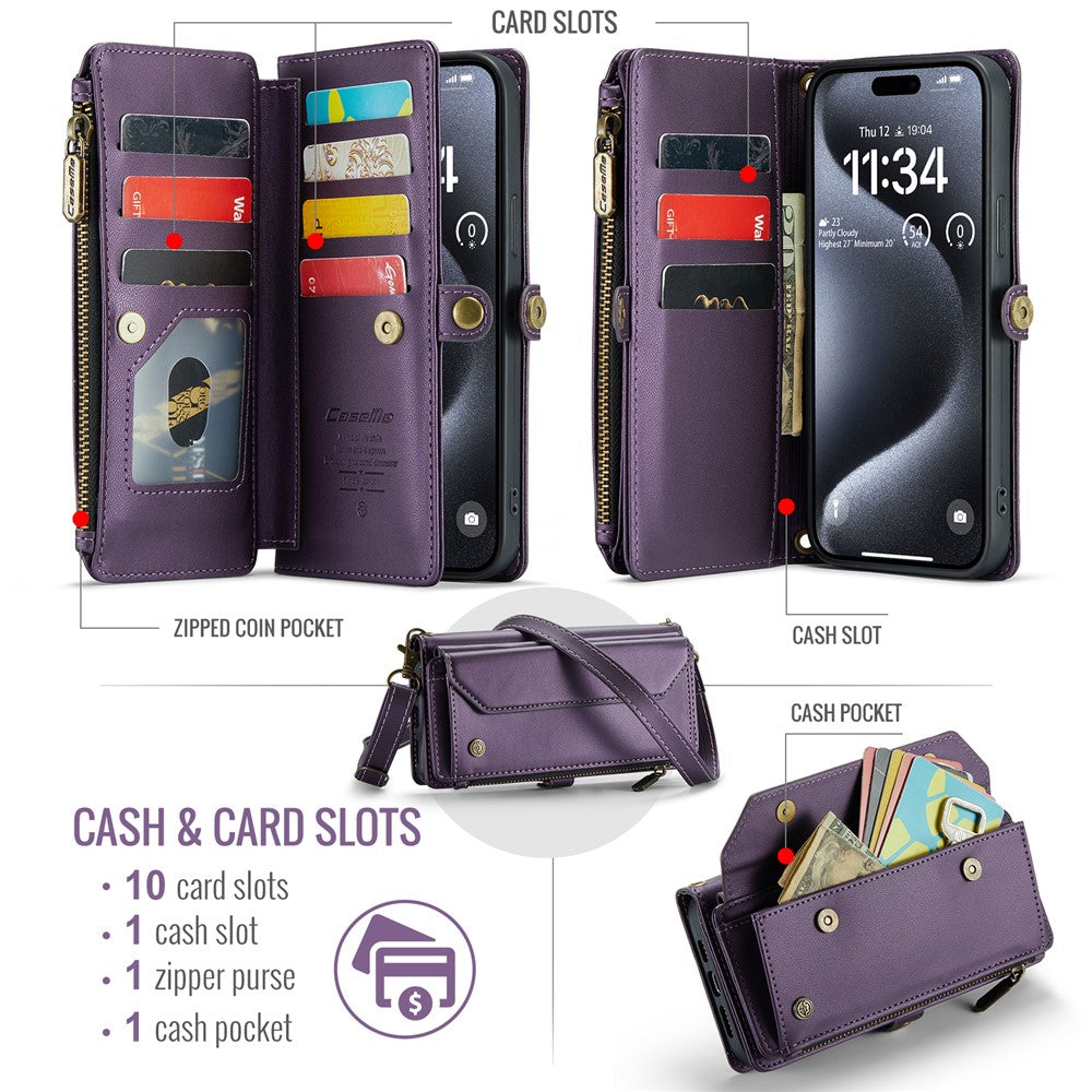For iPhone 16 Pro Leather Case CASEME C36 Zipper Multiple Card Slots Phone Cover with Straps