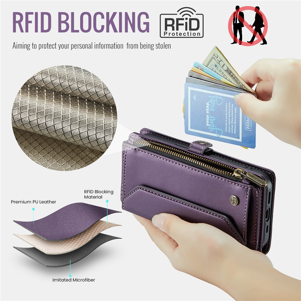 For iPhone 16 Pro Leather Case CASEME C36 Zipper Multiple Card Slots Phone Cover with Straps