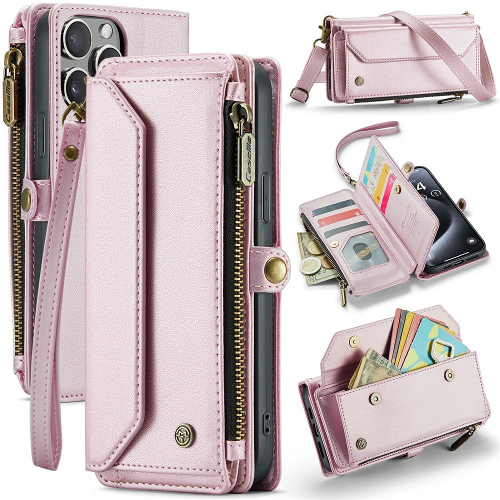 For iPhone 16 Pro Leather Case CASEME C36 Zipper Multiple Card Slots Phone Cover with Straps