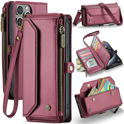 For iPhone 16 Pro Leather Case CASEME C36 Zipper Multiple Card Slots Phone Cover with Straps