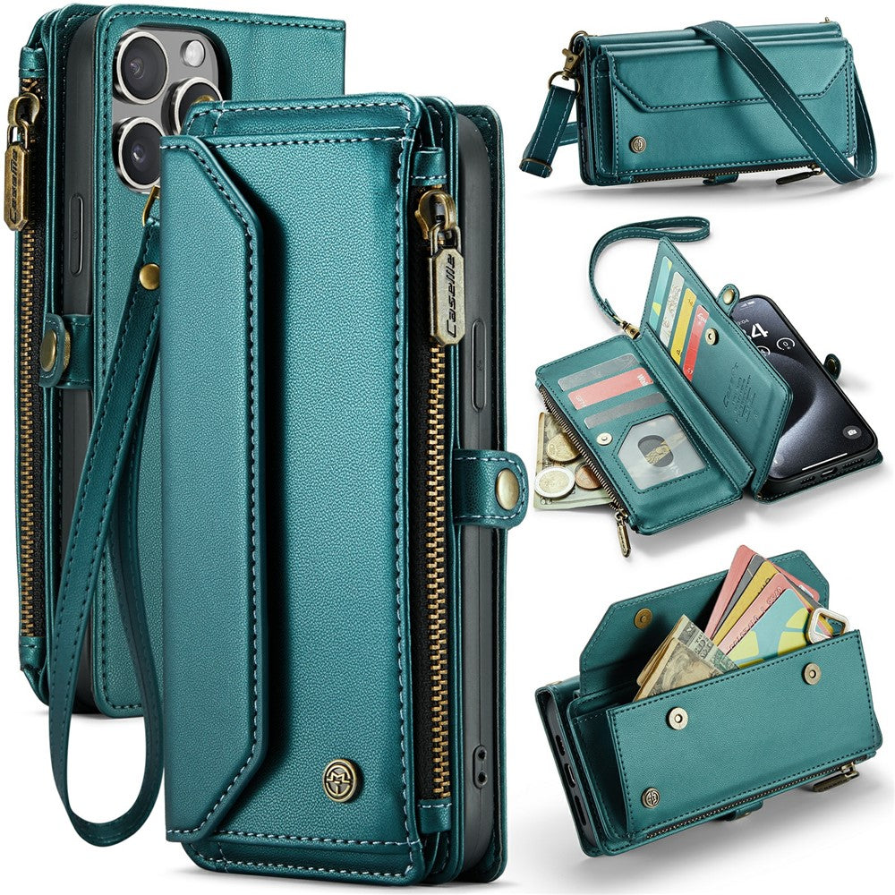 For iPhone 16 Pro Leather Case CASEME C36 Zipper Multiple Card Slots Phone Cover with Straps