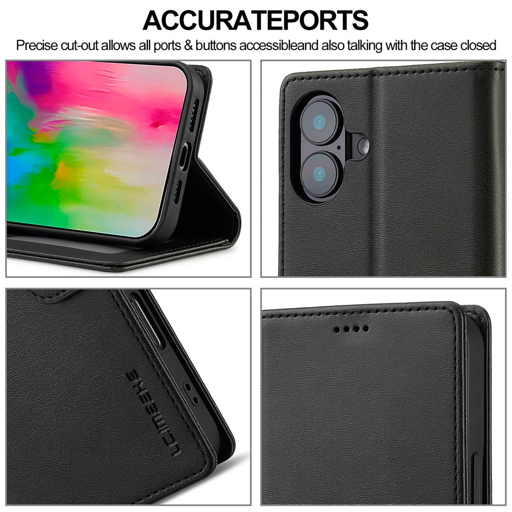 LC.IMEEKE For iPhone 16 Case Calf Texture PU Leather Stand Wallet Phone Cover