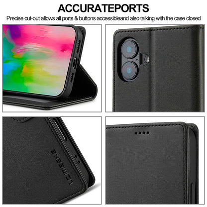 LC.IMEEKE For iPhone 16 Case Calf Texture PU Leather Stand Wallet Phone Cover
