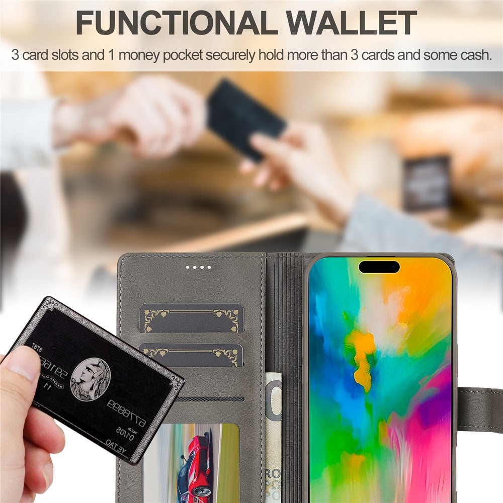 LC.IMEEKE For iPhone 16 Pro Case Calf Texture PU Leather Stand Wallet Phone Cover
