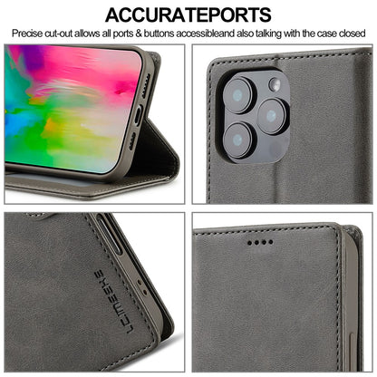 LC.IMEEKE For iPhone 16 Pro Case Calf Texture PU Leather Stand Wallet Phone Cover