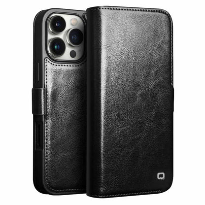 QIALINO For iPhone 16 Pro Max Case TPU+Genuine Cow Leather Wallet Phone Cover