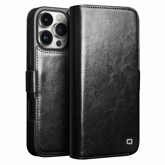 QIALINO For iPhone 16 Pro Max Case TPU+Genuine Cow Leather Wallet Phone Cover