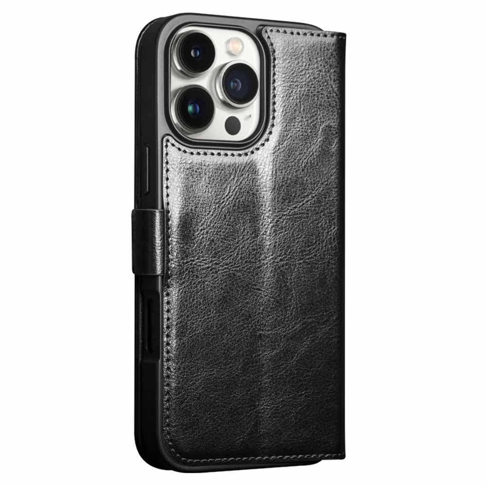 QIALINO For iPhone 16 Pro Max Case TPU+Genuine Cow Leather Wallet Phone Cover