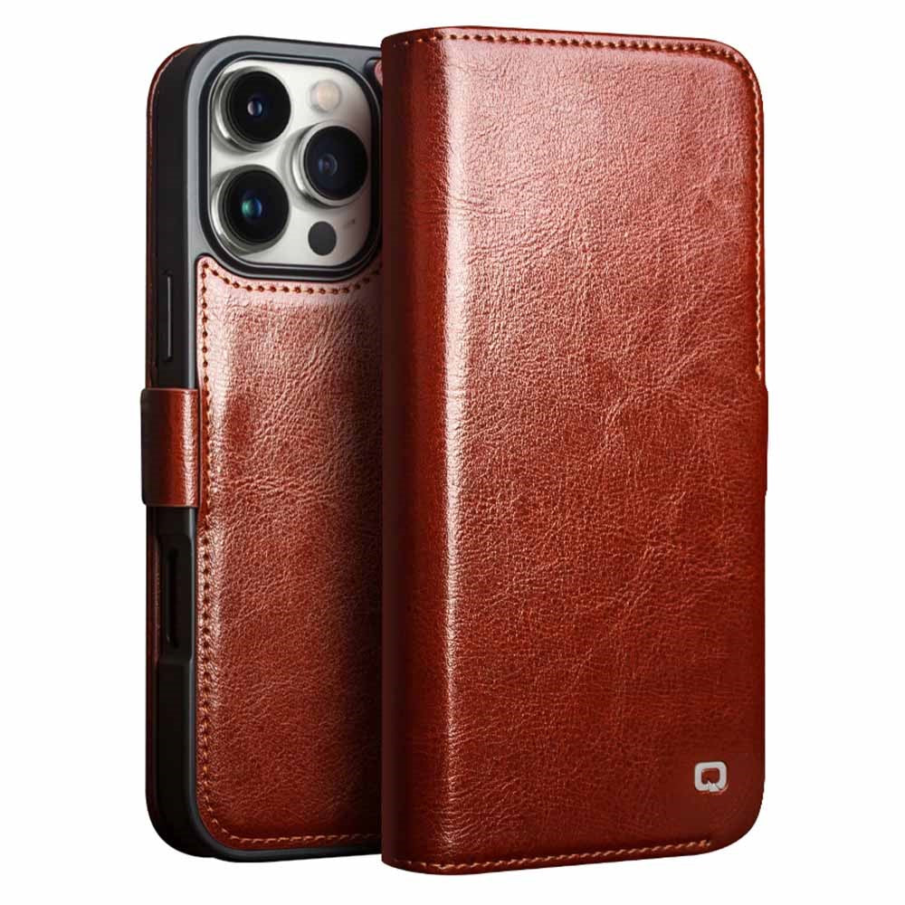 QIALINO For iPhone 16 Pro Max Case TPU+Genuine Cow Leather Wallet Phone Cover