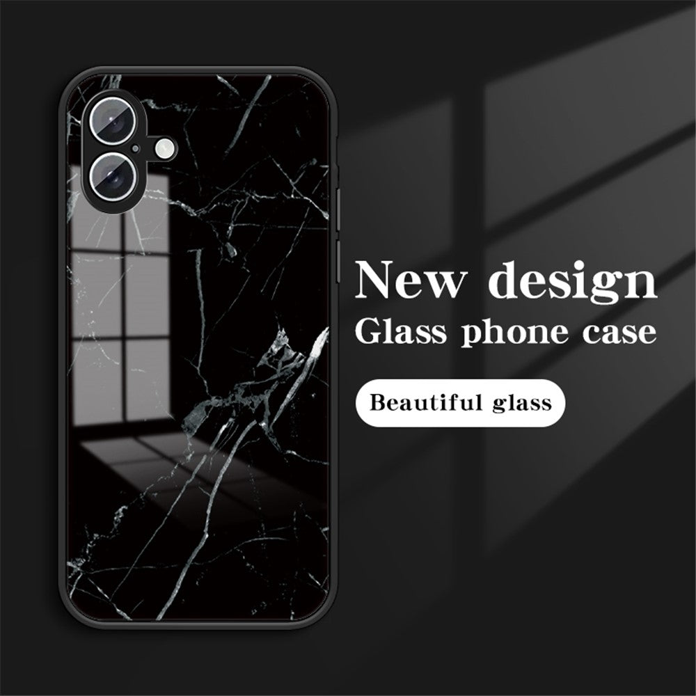 For iPhone 16 Case Marble Pattern Tempered Glass + PC + TPU Protective Phone Cover