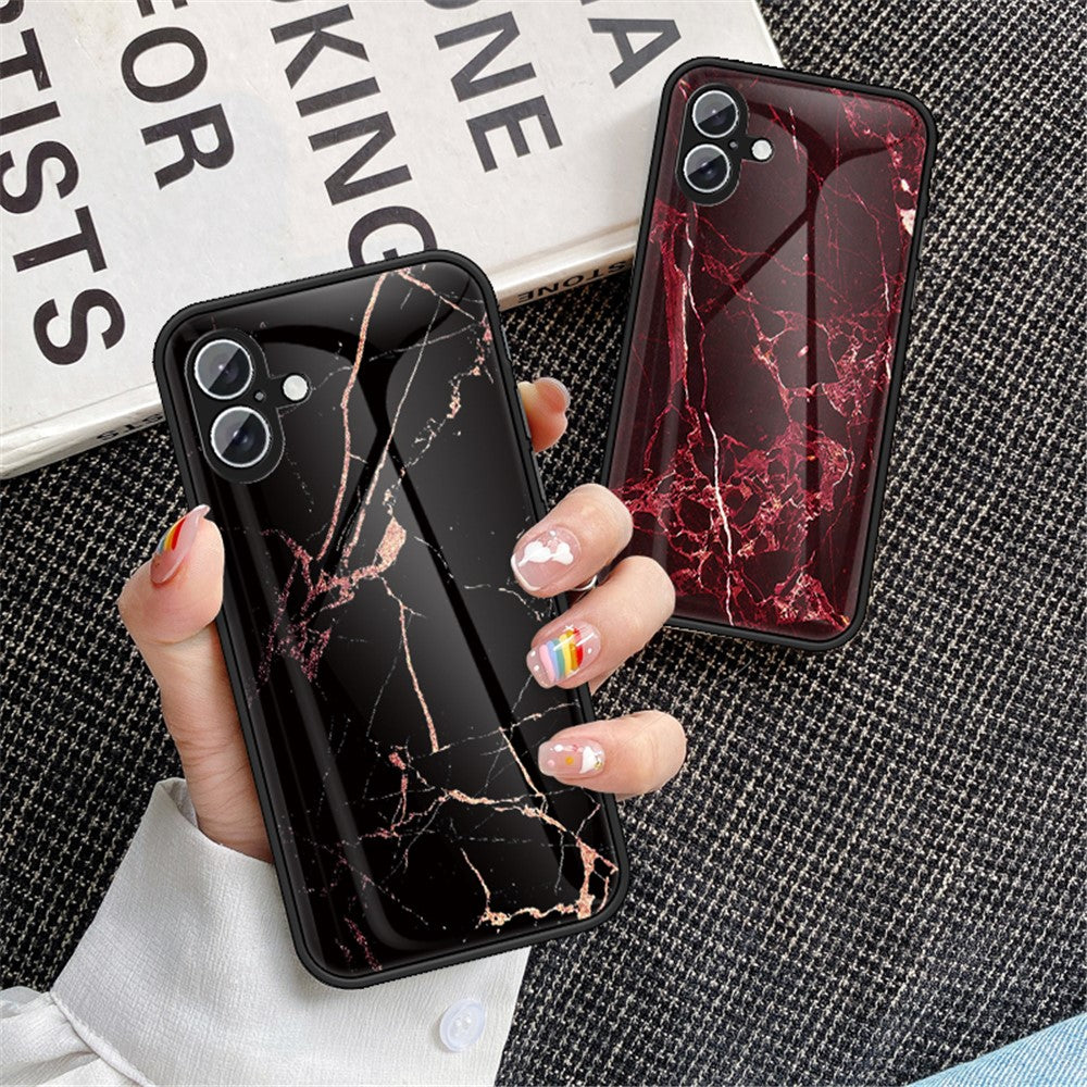 For iPhone 16 Case Marble Pattern Tempered Glass + PC + TPU Protective Phone Cover