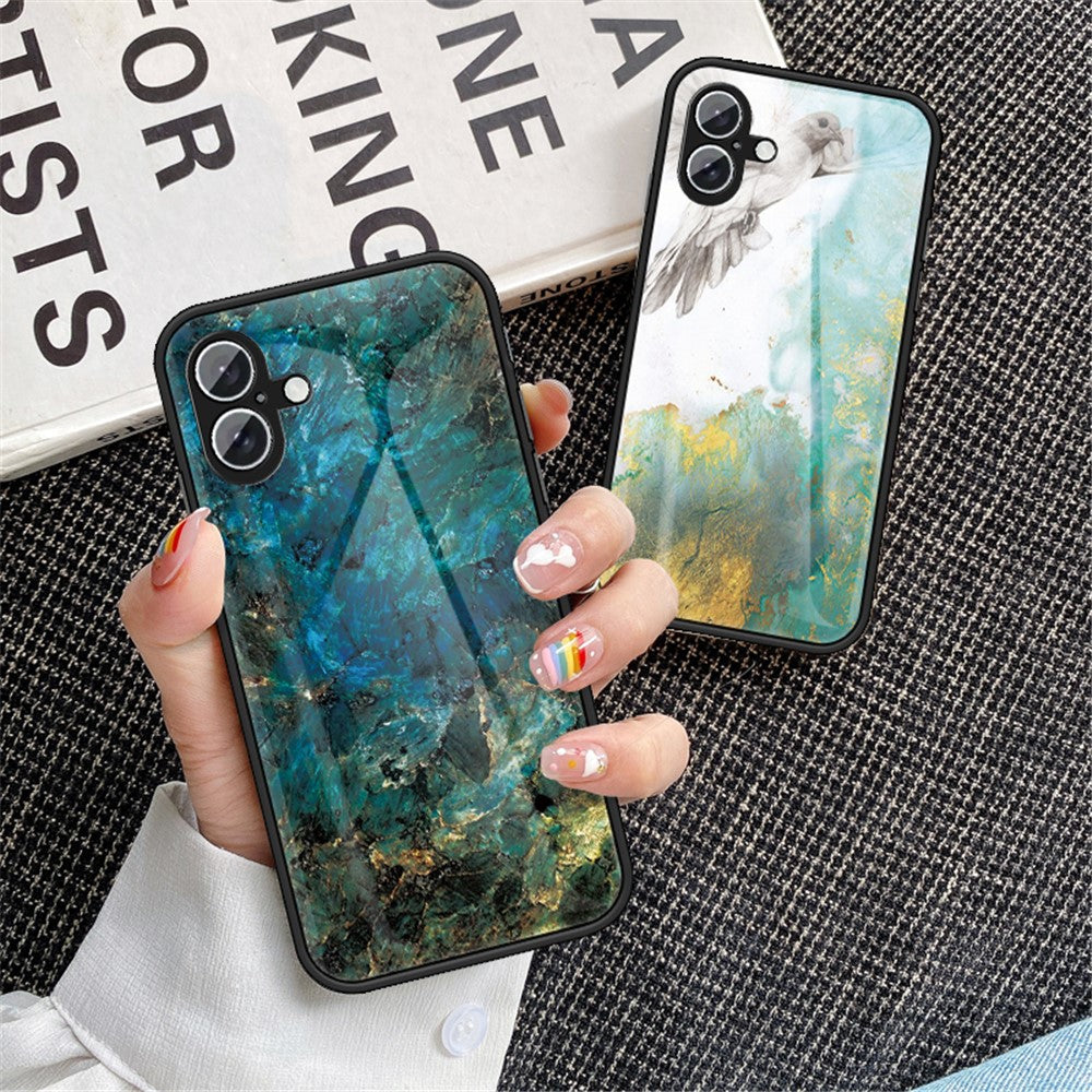 For iPhone 16 Case Marble Pattern Tempered Glass + PC + TPU Protective Phone Cover