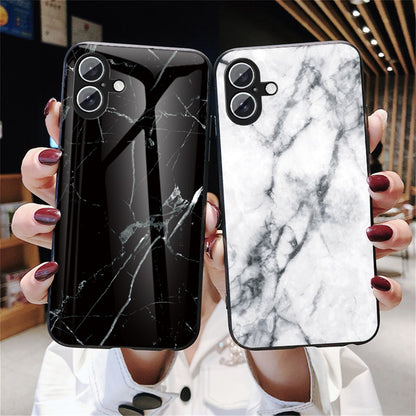 For iPhone 16 Case Marble Pattern Tempered Glass + PC + TPU Protective Phone Cover