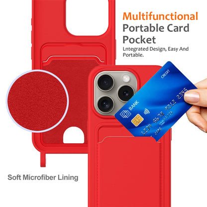 For iPhone 16 Pro Case Liquid Silicone Card Holder Phone Back Cover with Lanyard