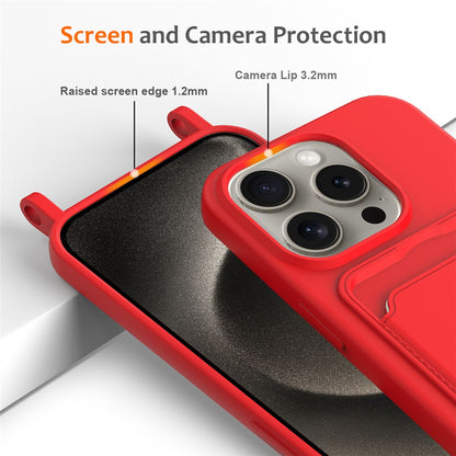 For iPhone 16 Pro Case Liquid Silicone Card Holder Phone Back Cover with Lanyard