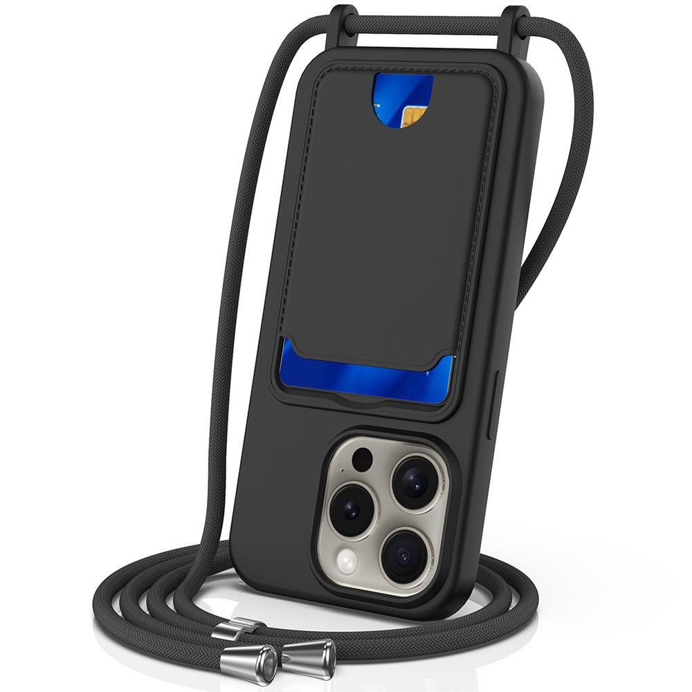 For iPhone 16 Pro Case Liquid Silicone Card Holder Phone Back Cover with Lanyard