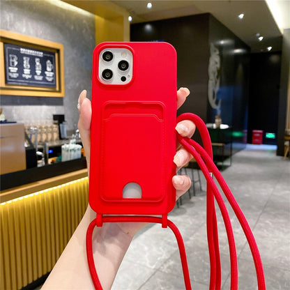 For iPhone 16 Pro Max Case Liquid Silicone Card Holder Phone Back Cover with Lanyard