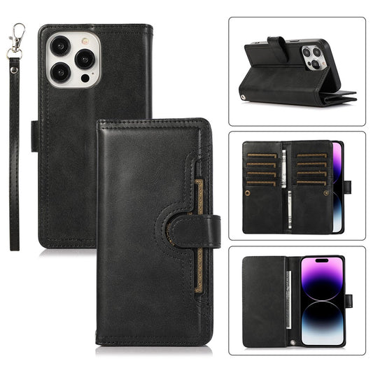For iPhone 16 Pro Max Case Split Leather Magnetic Wallet Phone Protector with Wrist Strap