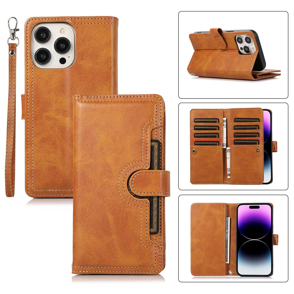 For iPhone 16 Pro Max Case Split Leather Magnetic Wallet Phone Protector with Wrist Strap