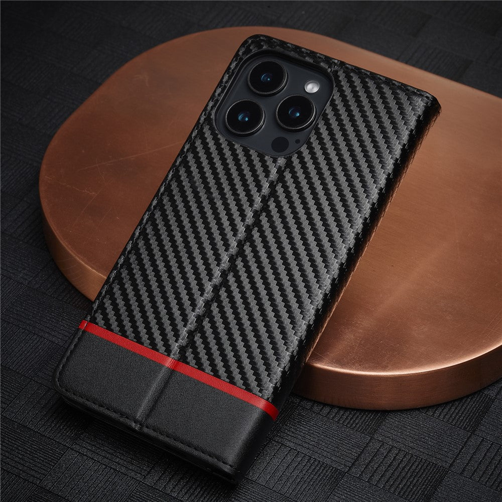 LC.IMEEKE For iPhone 16 Pro Case Carbon Fiber Texture Phone Cover Stand Card Holder