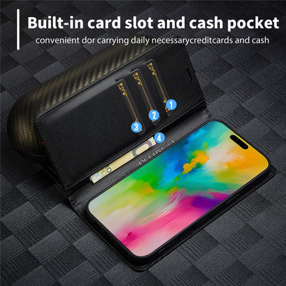 LC.IMEEKE For iPhone 16 Pro Case Carbon Fiber Texture Phone Cover Stand Card Holder