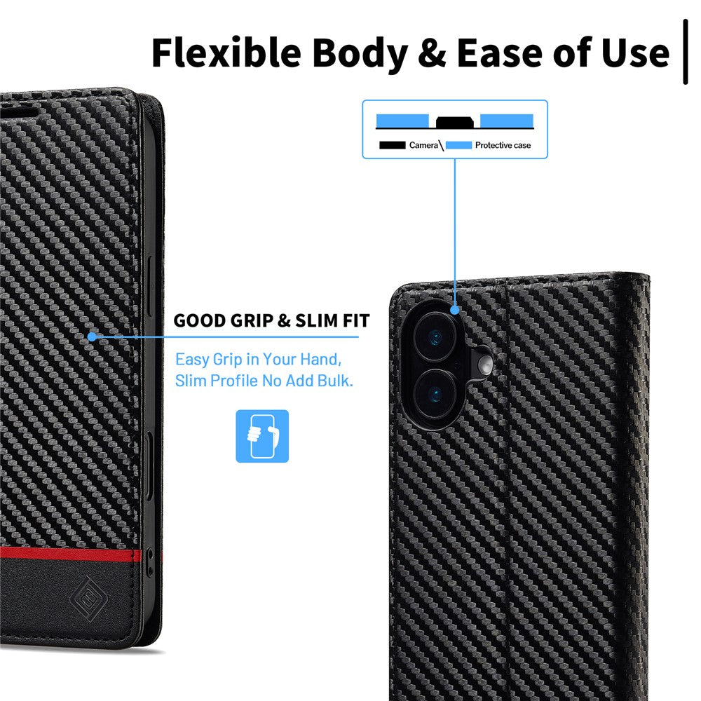 LC.IMEEKE For iPhone 16 Case Carbon Fiber Texture Phone Cover Stand Card Holder