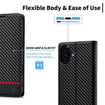 LC.IMEEKE For iPhone 16 Case Carbon Fiber Texture Phone Cover Stand Card Holder