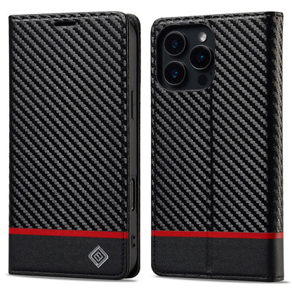 LC.IMEEKE For iPhone 16 Pro Max Case Carbon Fiber Texture Phone Cover Stand Card Holder