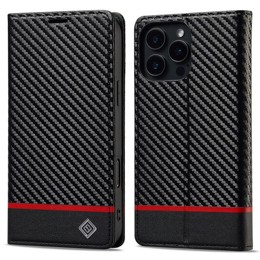 LC.IMEEKE For iPhone 16 Pro Max Case Carbon Fiber Texture Phone Cover Stand Card Holder