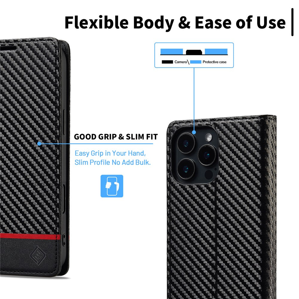 LC.IMEEKE For iPhone 16 Pro Max Case Carbon Fiber Texture Phone Cover Stand Card Holder