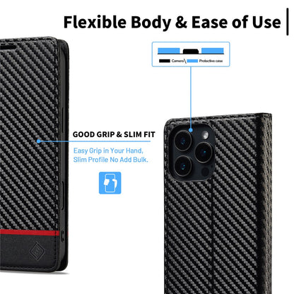LC.IMEEKE For iPhone 16 Pro Max Case Carbon Fiber Texture Phone Cover Stand Card Holder