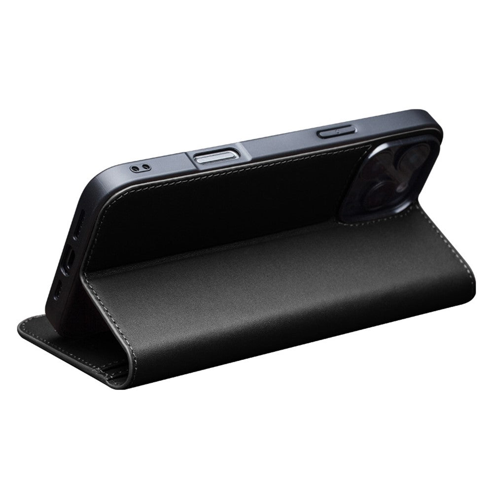 QIALINO For iPhone 16 Pro Max Stand Case Anti-Drop Genuine Cow Leather Wallet Phone Cover