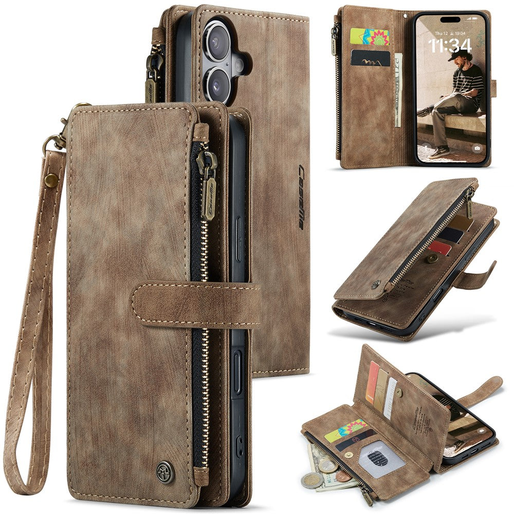 For iPhone 16 Phone Cases with Strap CASEME C30 Zipper Multiple Card Holder PU Leather Cover