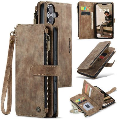 For iPhone 16 Phone Cases with Strap CASEME C30 Zipper Multiple Card Holder PU Leather Cover