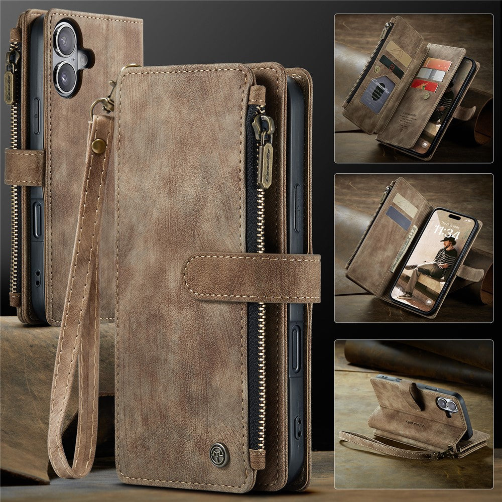 For iPhone 16 Phone Cases with Strap CASEME C30 Zipper Multiple Card Holder PU Leather Cover