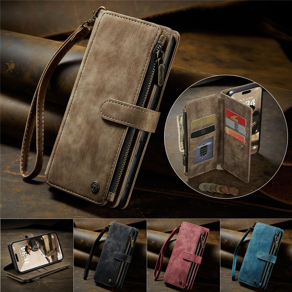 For iPhone 16 Phone Cases with Strap CASEME C30 Zipper Multiple Card Holder PU Leather Cover