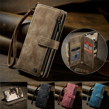 For iPhone 16 Phone Cases with Strap CASEME C30 Zipper Multiple Card Holder PU Leather Cover