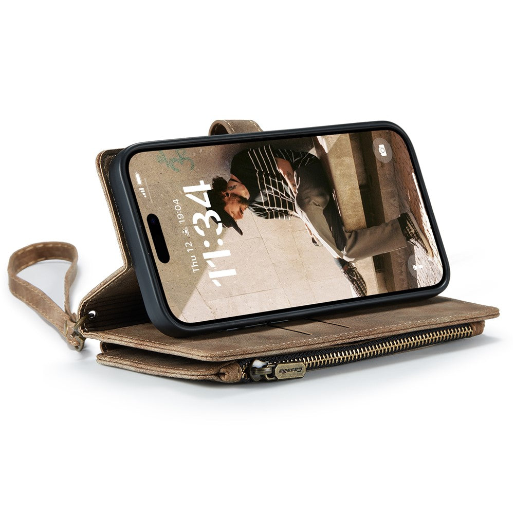For iPhone 16 Phone Cases with Strap CASEME C30 Zipper Multiple Card Holder PU Leather Cover