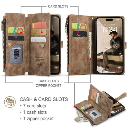 For iPhone 16 Phone Cases with Strap CASEME C30 Zipper Multiple Card Holder PU Leather Cover