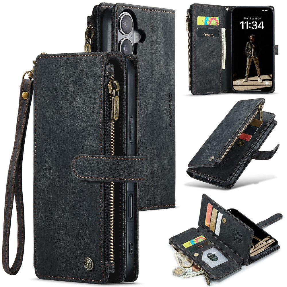 For iPhone 16 Phone Cases with Strap CASEME C30 Zipper Multiple Card Holder PU Leather Cover