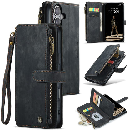 For iPhone 16 Phone Cases with Strap CASEME C30 Zipper Multiple Card Holder PU Leather Cover