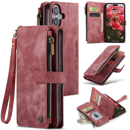 For iPhone 16 Phone Cases with Strap CASEME C30 Zipper Multiple Card Holder PU Leather Cover