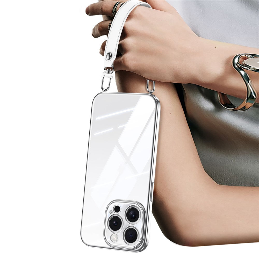 SULADA For iPhone 16 Pro Case Electroplating Ultra Clear Soft TPU Phone Cover with PU Wrist Strap