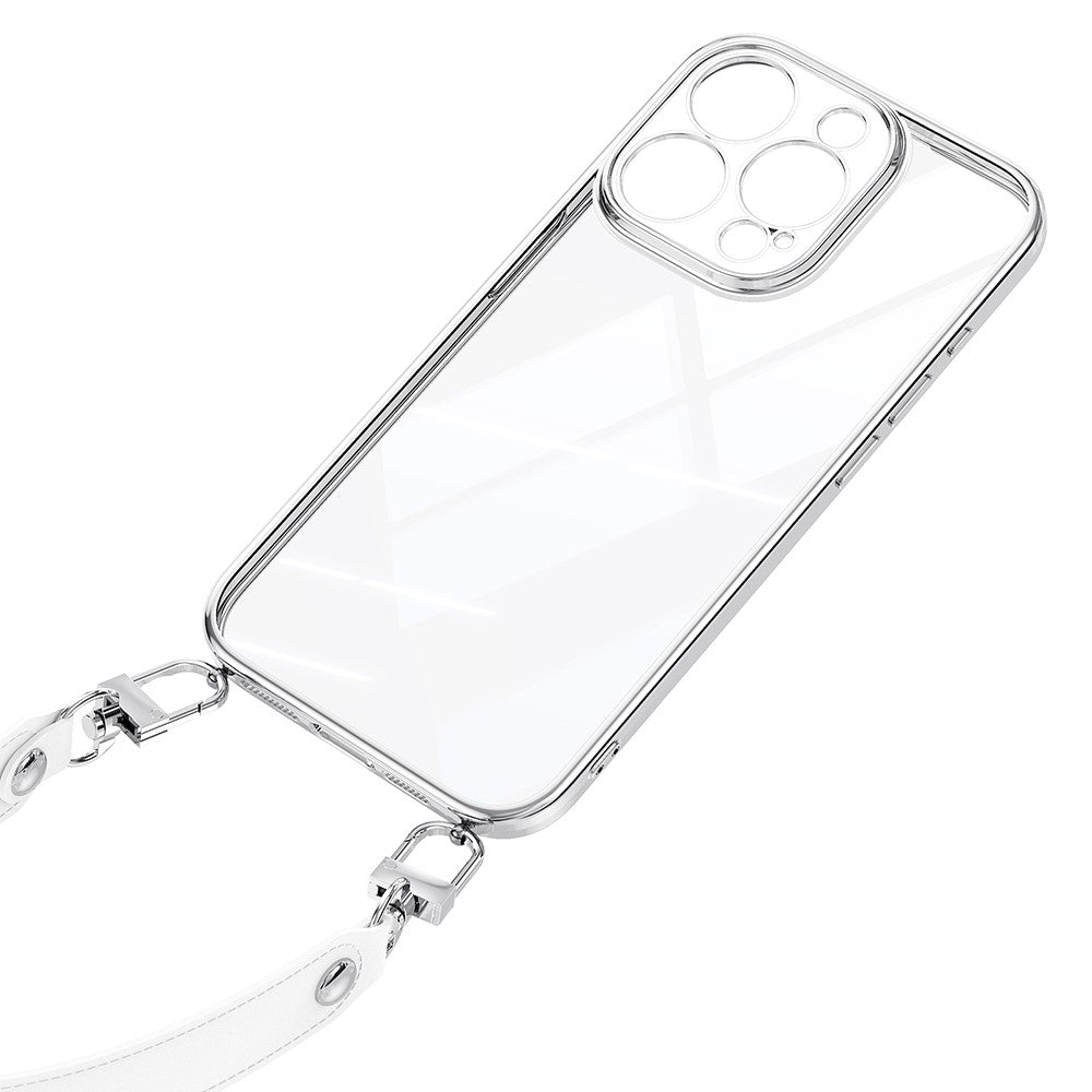 SULADA For iPhone 16 Pro Case Electroplating Ultra Clear Soft TPU Phone Cover with PU Wrist Strap