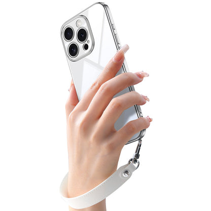 SULADA For iPhone 16 Pro Case Electroplating Ultra Clear Soft TPU Phone Cover with PU Wrist Strap