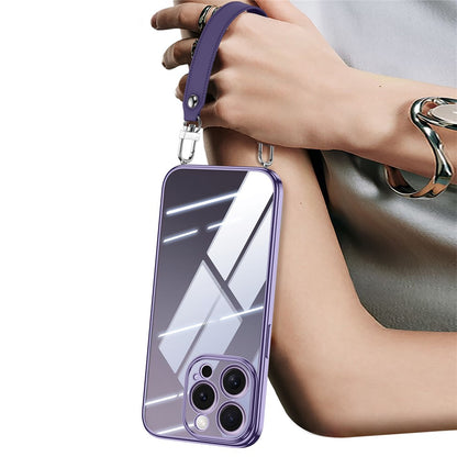 SULADA For iPhone 16 Pro Case Electroplating Ultra Clear Soft TPU Phone Cover with PU Wrist Strap
