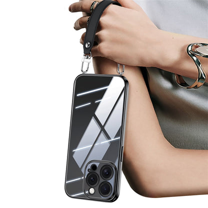 SULADA For iPhone 16 Pro Case Electroplating Ultra Clear Soft TPU Phone Cover with PU Wrist Strap